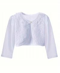 Болеро для причастия для девочки белое кружево с жемчугом р. 122