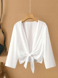 BIAŁA KLASYCZNA SZYFONOWA NARZUTKA Z DŁUGIM RĘKAWEM WIĄZANIE SHEIN 48