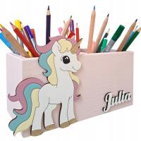 DUŻY Przybornik na Kredki, DREWNO Organizer Na Biurko z imieniem JEDNOROŻEC