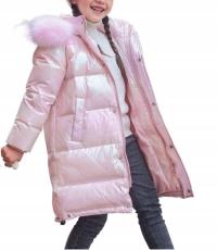 Zimowa kurtka dla dziewczynki z kapturem ciepła długa błyszcząca parka