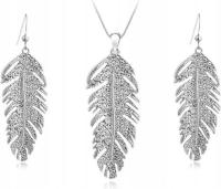 Srebrny ślubny komplet biżuterii piórka z cyrkoniami elegancki posrebrzany