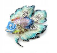 Vintage duża srebrna broszka ryba welon emalia