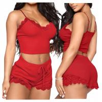 CZERWONA PIŻAMA KORONKA BAWEŁNA KRÓTKA KOSZULKA RAMIĄCZKAch KOMPLET