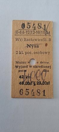 BILET PKP RACŁAWICE ŚL - NYSA / ZDZIESZOWICE SŁAWIĘCICE LEŚNICA ŁOWKOWICE