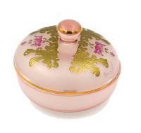 URANOWE SZKŁO - STARA BOMBONIERA KRYSZTAŁOWA - różowa-w grubym złoceniu