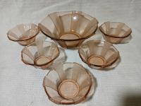 ART DECO NIEMEN MISA SALATERKI ZESTAW 1+5 SZKŁO ROZALINOWE VINTAGE