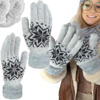 CIEPŁE RĘKAWICZKI damskie zimowe GRUBE WEŁNIANE z KOŻUSZKIEM ŚNIEŻYNKA