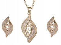 Złoty subtelny komplet biżuterii na ślub eleganckie liście złocone cyrkonie