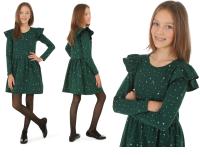 ŚWIĄTECZNA sukienka w gwiazdki, FALBANKI, produkt PL - BUTELKOWA ZIELEŃ