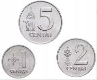 LITWA 1, 2, 5 CENTÓW 1991 OBIEGOWE 3 MONETY ZESTAW UNC