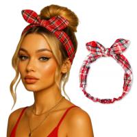 Opaska na gumce kokardka kokarda w kratkę świąteczna czerwona pin up