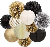 Pompony i lampiony bibułowe - 11 szt czarna złota dekoracja sylwester