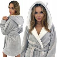 Ciepły Miękki Polarowy Szlafrok Mega Soft z Kapturem i Uszami Luna Szary
