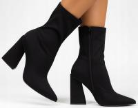9100 CZARNE DAMSKIE BOTKI NA OBCASIE SŁUPKU MATERIAŁOWE ELASTYCZNE ZAMEK