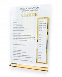 Akrylowy CENNIK Z WYMIENNYMI CENAMI tabliczka branża beauty połysk 30x20 cm