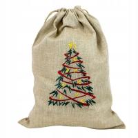 Worek Świąteczny z Lnu: Haft Choinka. Worek na Boże Narodzenie