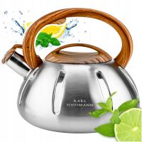 CZAJNIK STALOWY na GAZ 3L SREBRNY z GWIZDKIEM DREWNIANA RĄCZKA INDUKCJA