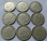 SZWECJA - GUSTAW V - 9 x 1 KORONA 1942 -1950 r. - Ag