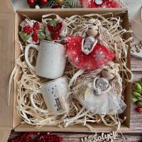 Świąteczny Zestaw Box - 2x Kubek 2x Aniołek Ozdoby Rękodzieło Prezent Złoty