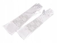 Długie rękawiczki wizytowe satynowe z koronką