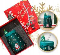 KUBEK ŚWIĄTECZNY SILIKONOWA POKRYWKA I RURKA 400ml PREZENT ŚWIĘTA MIKOŁAJKI