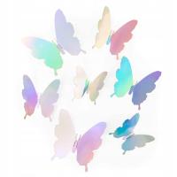 Motylki HOLOGRAFICZNE SREBRNE naklejki dekoracja 3D na ścianę balony 12szt