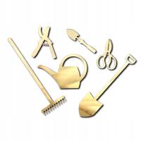 Ogrodnik Narzędzia Dekory Komplet Grabie Konewka nożyce Plexi Złote Lustro