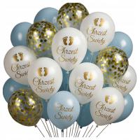 Balony CHRZEST ŚWIĘTY 25szt zestaw niebieskie białe KONFETTI napis stópki