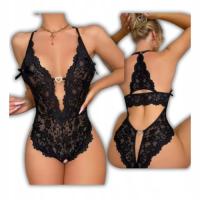 Czarne body koronkowe erotyczne z serduszkiem otwarty krok damskie