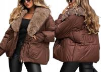 KURTKA DAMSKA pikowana ZIMOWA MODNA odpinane futerko CZEKOLADOWA BRĄZ