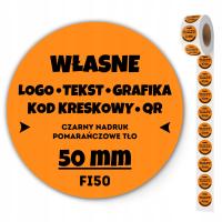 Naklejki WŁASNY TEKST LOGO etykiety x200 sztuk - Fi 50 mm POMARAŃCZOWE TŁO