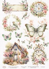 Artistiko - Decoupage Papier RYŻOWY 029 - VINTAGE 02 - Motyl Zegary Dom A4