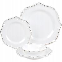 KOMPLET ZESTAW SERWIS OBIADOWY TALERZE 24el 6 OSÓB białe ZŁOTY pasek