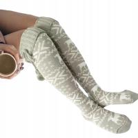 Zakolanówki włóczkowe szare ciepłe gube renifer pompon wzór norweski