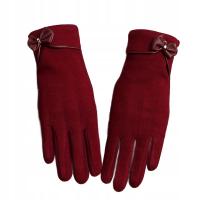 Aksamitne RĘKAWICZKI z skórzaną kokardką, burgund, rozm. 7-8