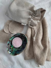 Myjka do twarzy i 3 płatki kosmetyczne len frotte