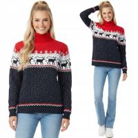 Damski golf świąteczny sweter norweski z reniferami czerwony granatowy