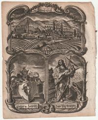 KAMIENNA GÓRA. Panorama miasta i herb rodu von Zettritz, około 1790