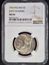 5 Złotych 1936 J. Piłsudski NGC MS64 Przepiękne