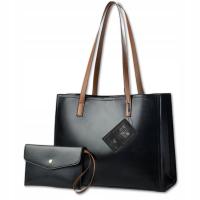 Torebka Damska Skórzana BAD&BAGS Na Ramię Torba Shopperka Zestaw Czarna