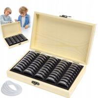 PUDEŁKO NA MONETY DREWNIANE KOLEKCJONERSKIE Z 50 KAPSUŁKAMI OCHRONNYMI