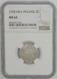 8.hf.ZYGMUNT III WAZA, TROJAK KORONNY 1598 R1 MS62