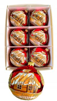 Bombki choinkowe szklane ręcznie malowane 10 cm. Zimowe Chatki 6 szt.