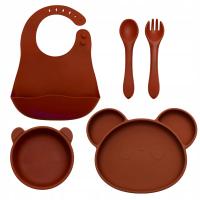 Детская силиконовая посуда, тарелка чаша столовые приборы нагрудник, коричневый