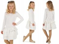 ŚWIĄTECZNA sukienka z trzema falbanami, produkt polski - ŚMIETANKOWY