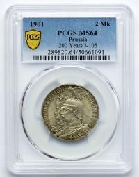 Prusy, 2 marki 1901 A, Wilhelm II, 200-lecie Królestwa Prus, PCGS MS64