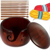 DREWNIANA MISKA Z WŁÓCZKI Z POKRYWKĄ 12 SZYDEŁKOWYCH AKCESORIÓW DIY