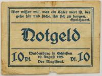Notgeld Wałbrzych Waldenburg Śląsk 10 pfennig fenigów 1921 r Niebieski druk