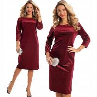 DELLA Wizytowa Klasyczna Prosta SUKIENKA Midi Ala Welur Błyszcząca Bordo