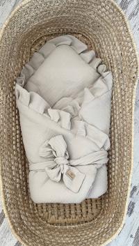 Rożek becik Otulacz MUŚLINOWY Lniany Jasny Beż z falbanką 75/75